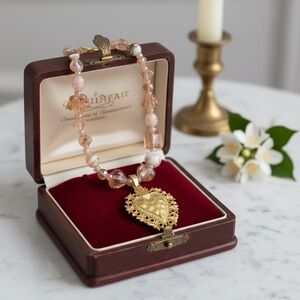 Gold Heart Pendant Necklace with Pink Accents